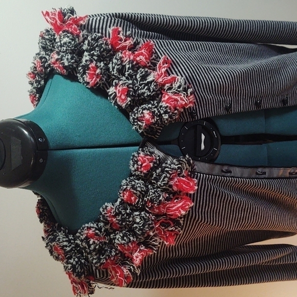 Anthropologie Karen Nicol Black and Gray Striped Cardigan Pompom Collar Sz M - Picture 2 of 12